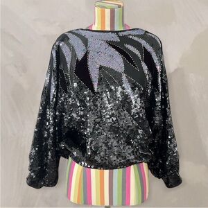 Vintage Three Flags 100% Silk Fully Sequined Party Sparkly Top Blouse
